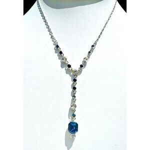 Givenchy Blue Crystal Y Necklace Rhinestone Silver Tone Signed Lariat